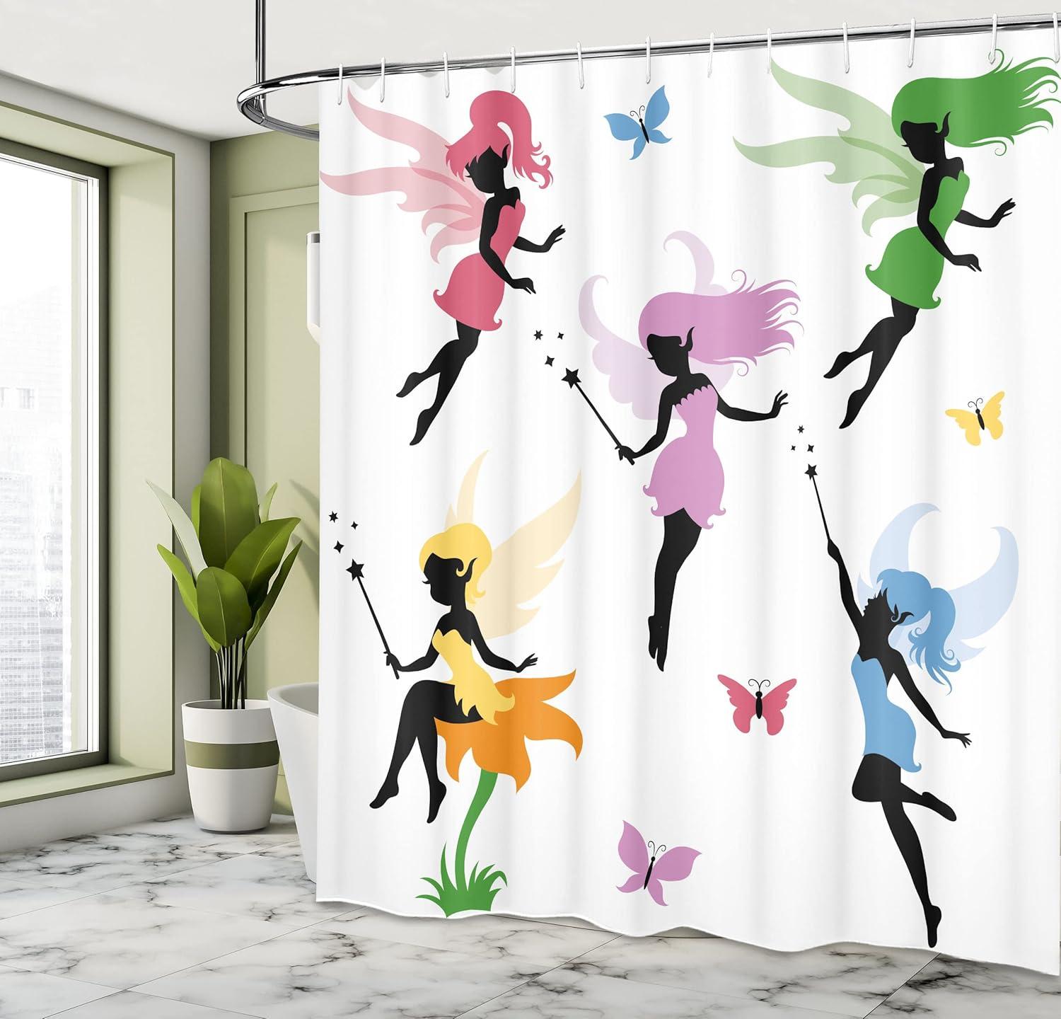 imageAmbesonne Fantasy Shower Curtain Pixie Elf Fairies Flying with Butterflies Girls Cartoon Flowers Design Cloth Fabric Bathroom Decor Set with Hooks 69 W x 70 L White Multicolor
