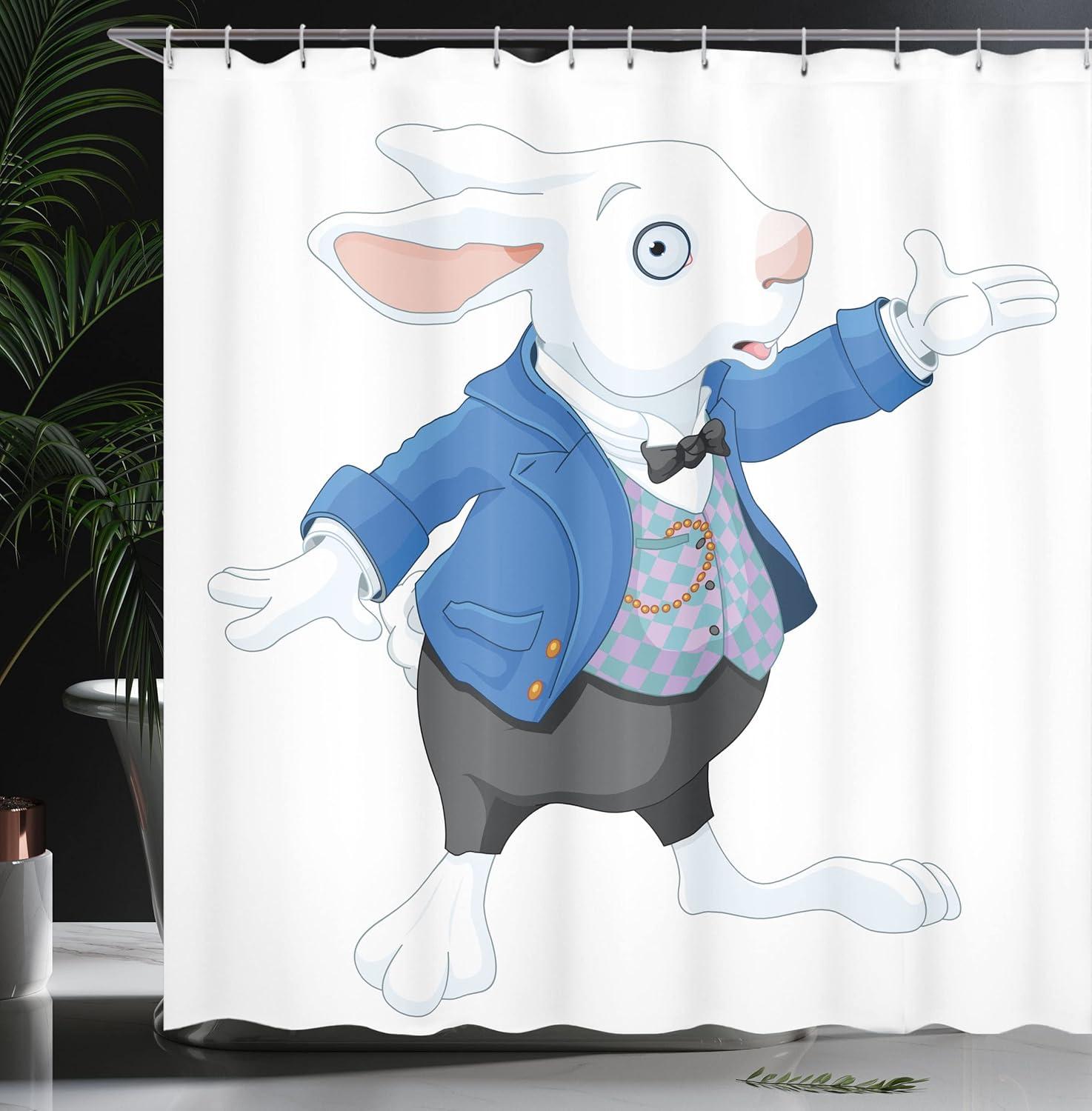 imageAmbesonne Alice in Wonderland Shower Curtain White Rabbit is Talking Fictional Fantasy and Alice Themed Print Cloth Fabric Bathroom Decor Set with Hooks 69 W x 70 L White Blue BlackWhite Blue Black