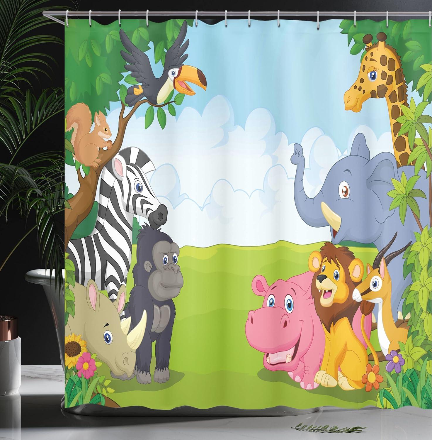 imageAmbesonne Animal Shower Curtain Colorful Design Savannah Themed Cartoon Animals Image Art Forest Woodland Print Cloth Fabric Bathroom Decor Set with Hooks 69 W x 84 L Multicolor Sky BlueMulticolor Sky Blue