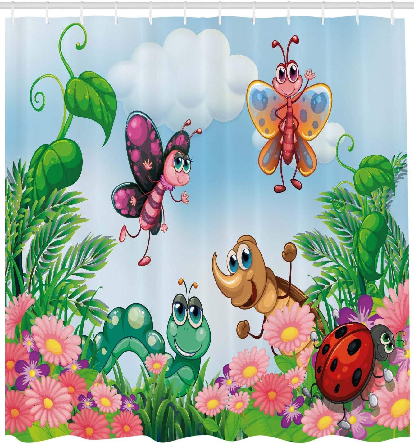imageAmbesonne Animal Shower Curtain Colorful Design Savannah Themed Cartoon Animals Image Art Forest Woodland Print Cloth Fabric Bathroom Decor Set with Hooks 69 W x 84 L Multicolor Sky BlueJade Green Fern Green