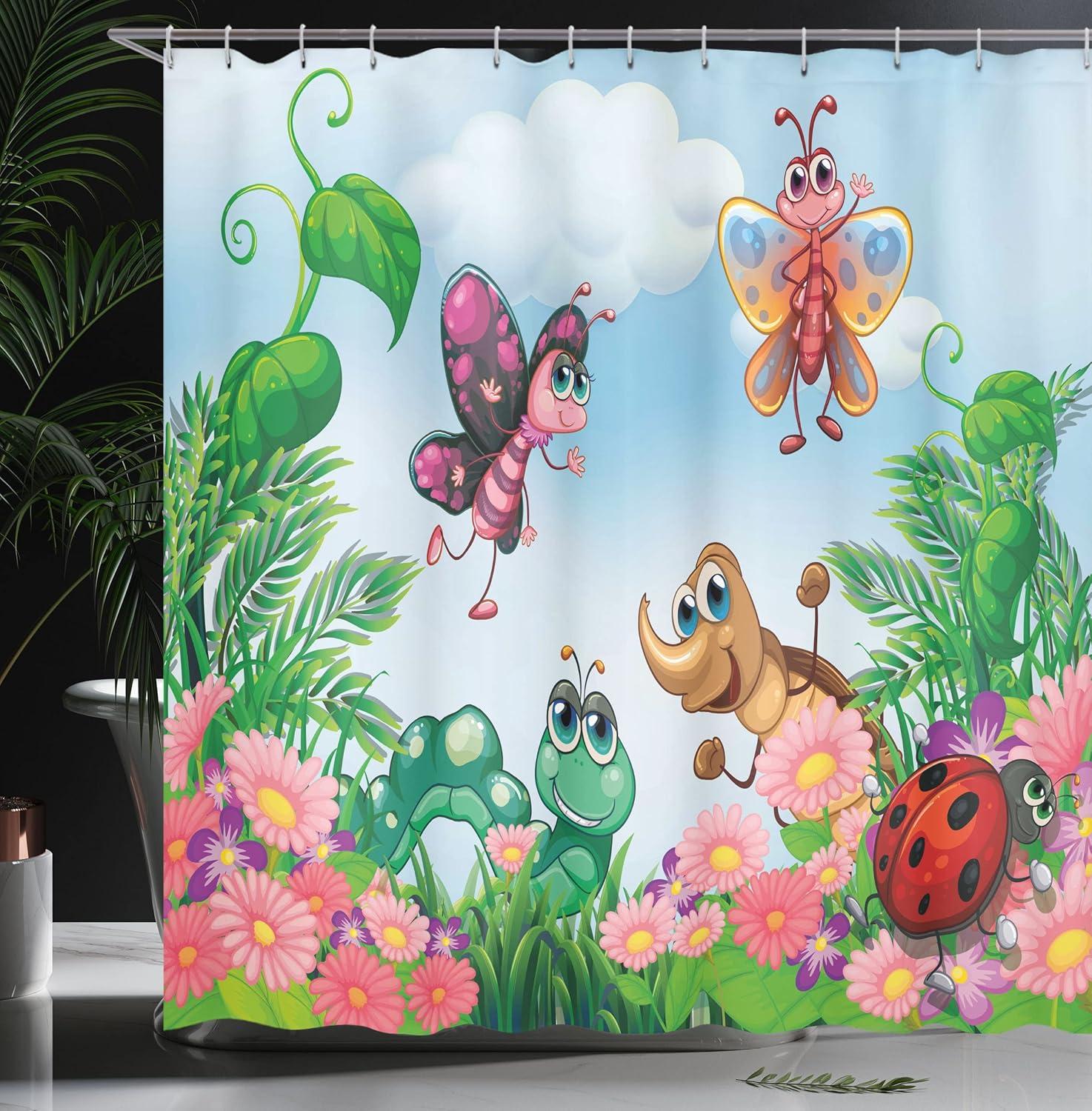 imageAmbesonne Animal Shower Curtain Colorful Design Savannah Themed Cartoon Animals Image Art Forest Woodland Print Cloth Fabric Bathroom Decor Set with Hooks 69 W x 84 L Multicolor Sky BlueJade Green Fern Green