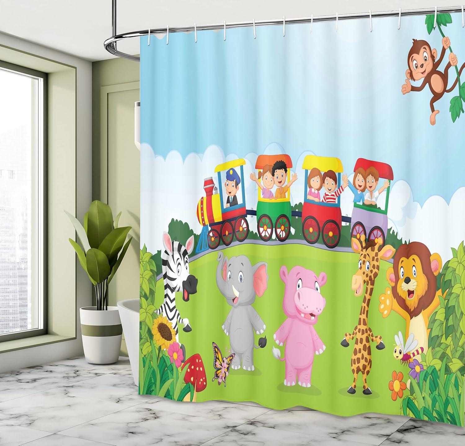 imageAmbesonne Animal Shower Curtain Colorful Design Savannah Themed Cartoon Animals Image Art Forest Woodland Print Cloth Fabric Bathroom Decor Set with Hooks 69 W x 84 L Multicolor Sky BlueMulticolor Soft Blue