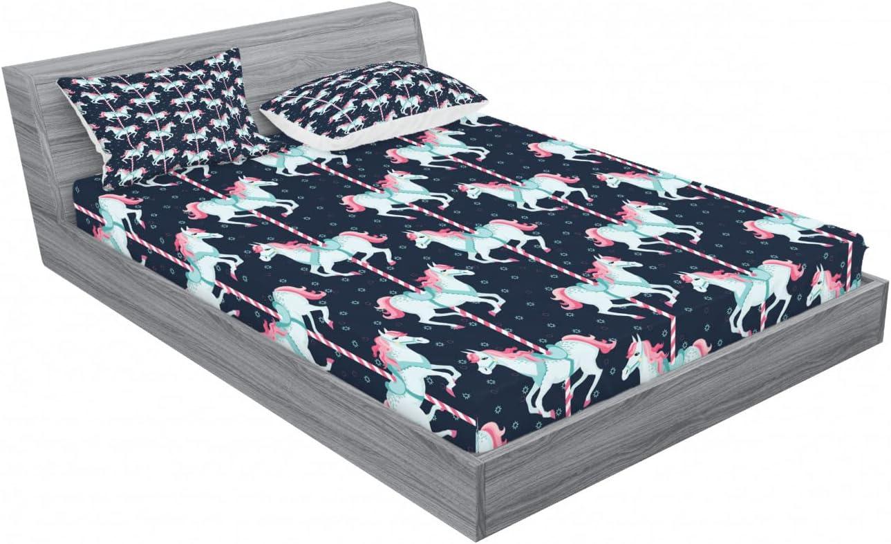 imageAmbesonne Cartoon 2 Pack Fitted Sheet amp Pillow Sham Set Carousel Horses 4 Pcs Bedding Decor Package Contains 2 Full Size Fitted Sheets amp 4 Pillow Covers Pale Blue Indigo Pink
