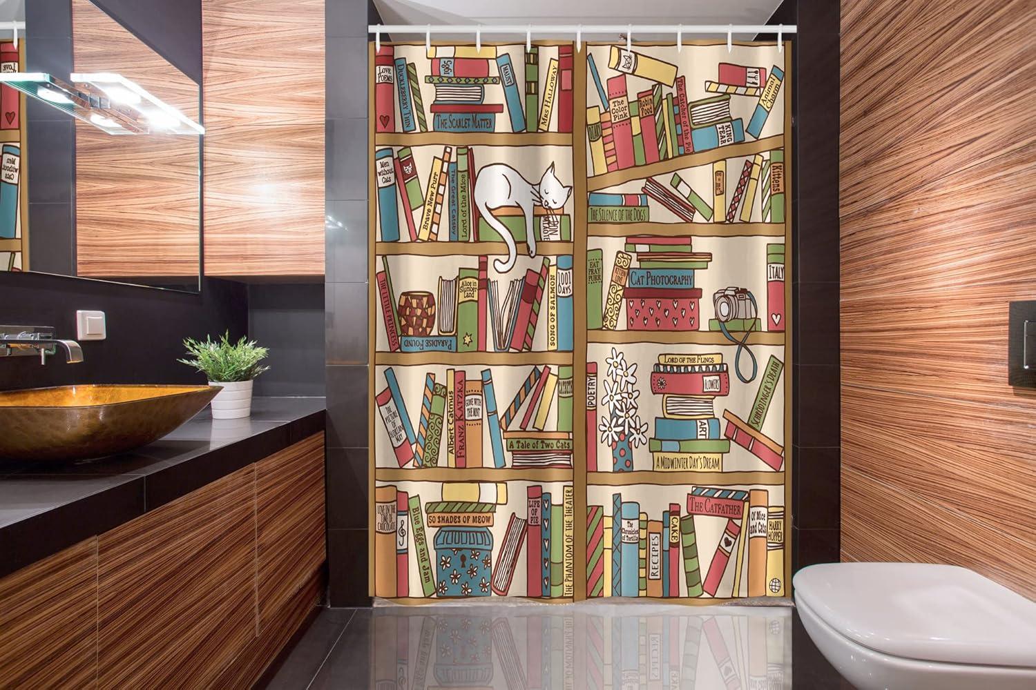imageAmbesonne Cat Stall Shower Curtain Nerd Book Lover Kitty Sleeping Over Bookshelf Library Academics Feline Boho Design Fabric Bathroom Decor Set with Hooks 54 W x 78 L Ecru Camel White