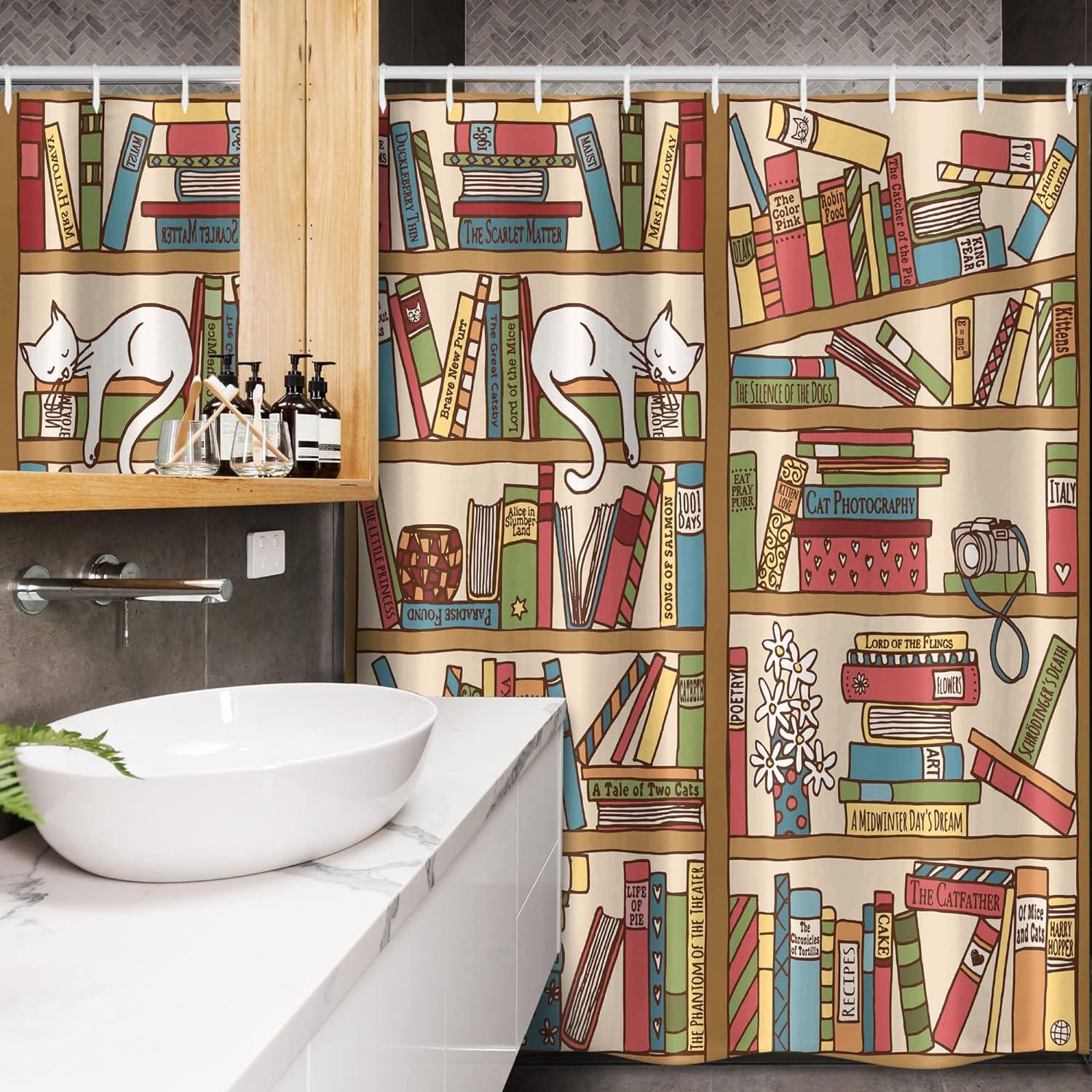 imageAmbesonne Cat Stall Shower Curtain Nerd Book Lover Kitty Sleeping Over Bookshelf Library Academics Feline Boho Design Fabric Bathroom Decor Set with Hooks 54 W x 78 L Ecru Camel White