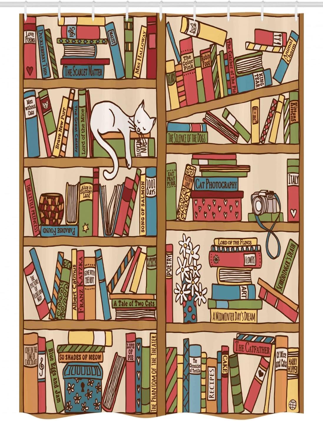 imageAmbesonne Cat Stall Shower Curtain Nerd Book Lover Kitty Sleeping Over Bookshelf Library Academics Feline Boho Design Fabric Bathroom Decor Set with Hooks 54 W x 78 L Ecru Camel White