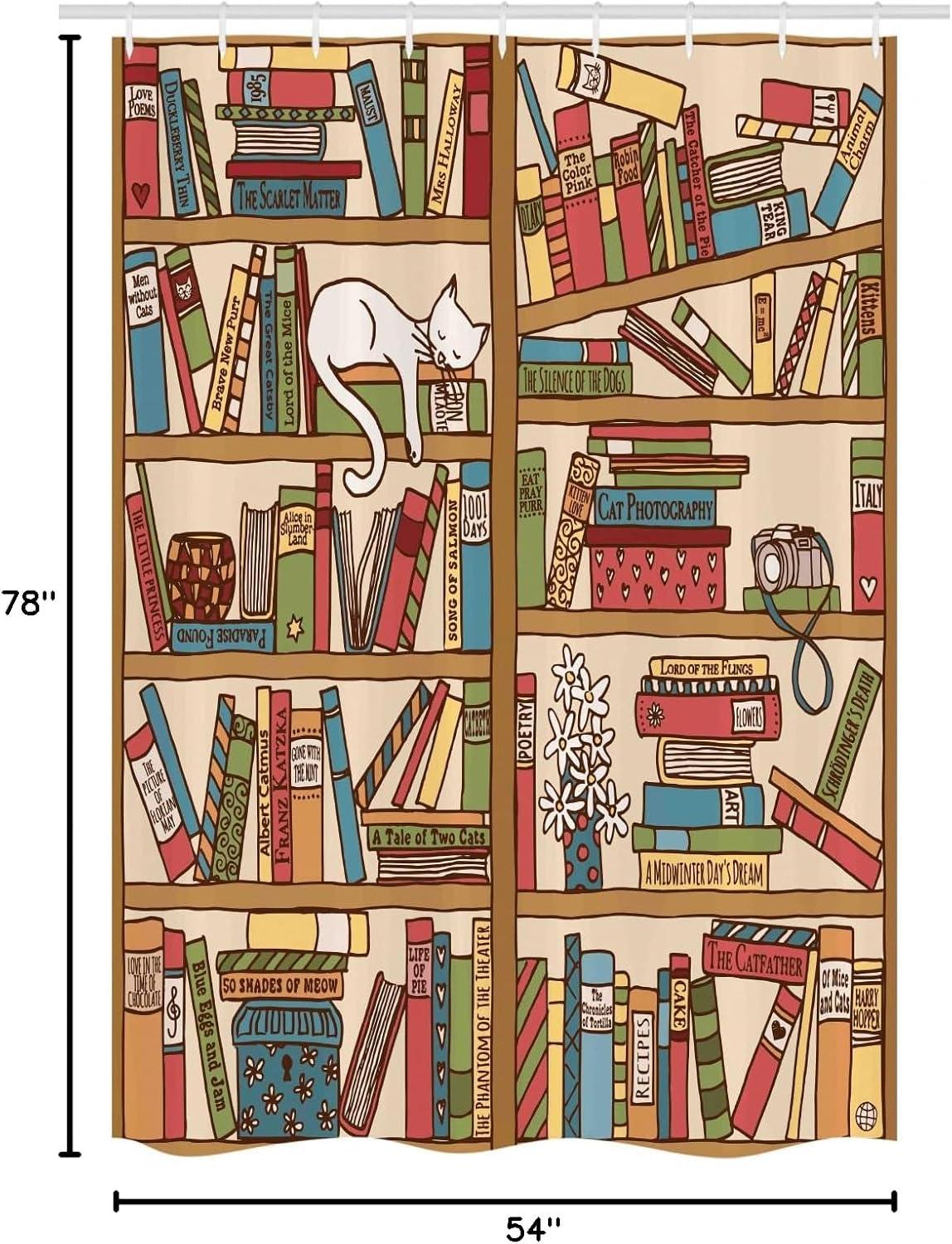 imageAmbesonne Cat Stall Shower Curtain Nerd Book Lover Kitty Sleeping Over Bookshelf Library Academics Feline Boho Design Fabric Bathroom Decor Set with Hooks 54 W x 78 L Ecru Camel White