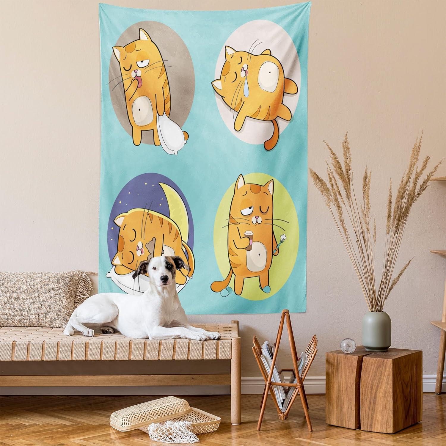imageAmbesonne Cat Tapestry Cartoon Cat in Various Poses Sleepy Lying Dreaming Expression Comic Wall Hanging for Bedroom Living Room Dorm Decor 40 X 60 Turquoise ApricotTurquoise Apricot Grey