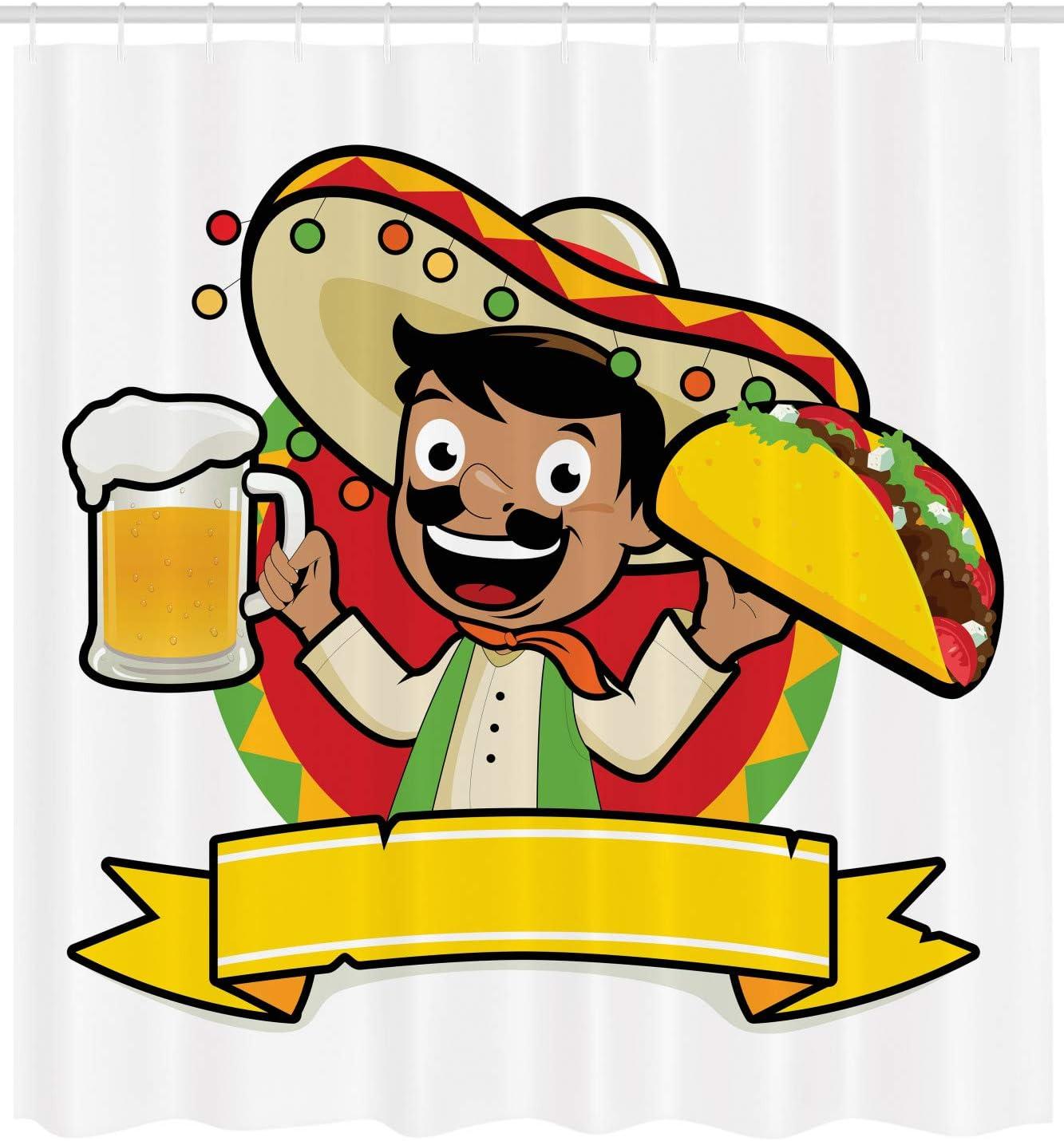 imageAmbesonne Mexican Shower Curtain Latino Man Holding Cold Beer and Tacos Restaurant Poster Style Funny Cartoon Print Cloth Fabric Bathroom Decor Set with Hooks 69 W x 70 L Multicolor