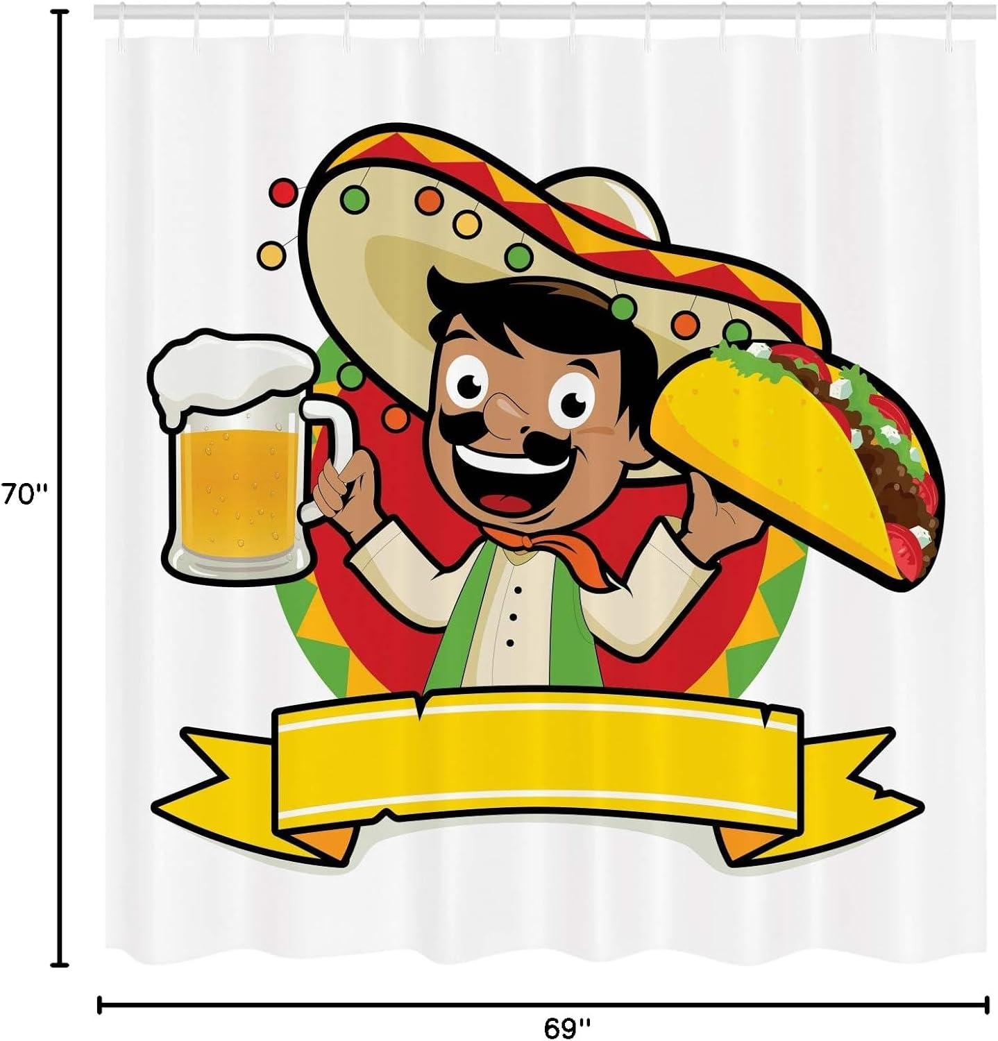 imageAmbesonne Mexican Shower Curtain Latino Man Holding Cold Beer and Tacos Restaurant Poster Style Funny Cartoon Print Cloth Fabric Bathroom Decor Set with Hooks 69 W x 70 L Multicolor