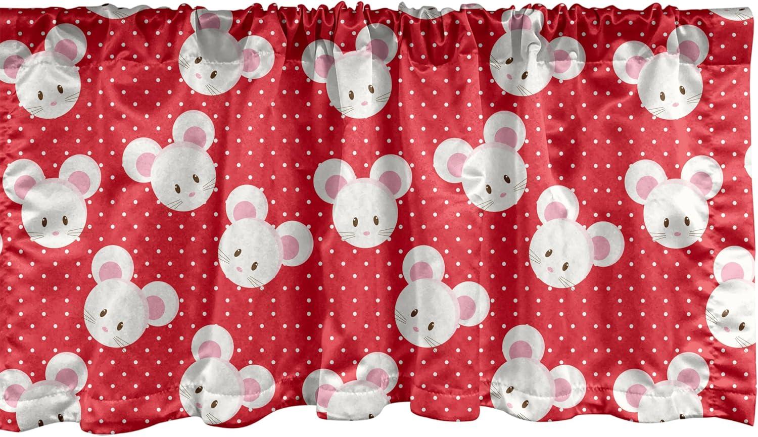 imageAmbesonne Mouse Window Valance Pattern with Cartoon Animal on Warm Polka Dots s Layout Curtain Valance for Kitchen Bedroom Decor with Rod Pocket 54 X 18 Dark Pink and White