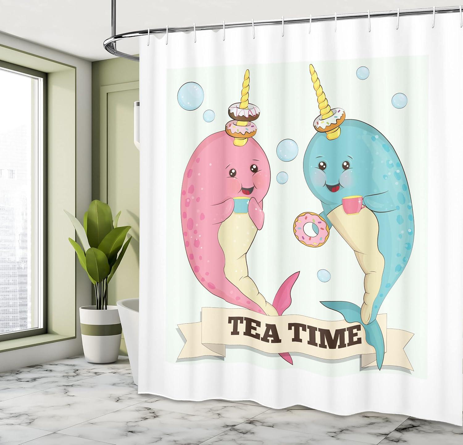 imageAmbesonne Narwhal Shower Curtain Tea Drinking Whales Ocean Unicorn with Abstract Bubbles Backdrop Cloth Fabric Bathroom Decor Set with Hooks 69 W x 75 L Pale Pink Pale Blue