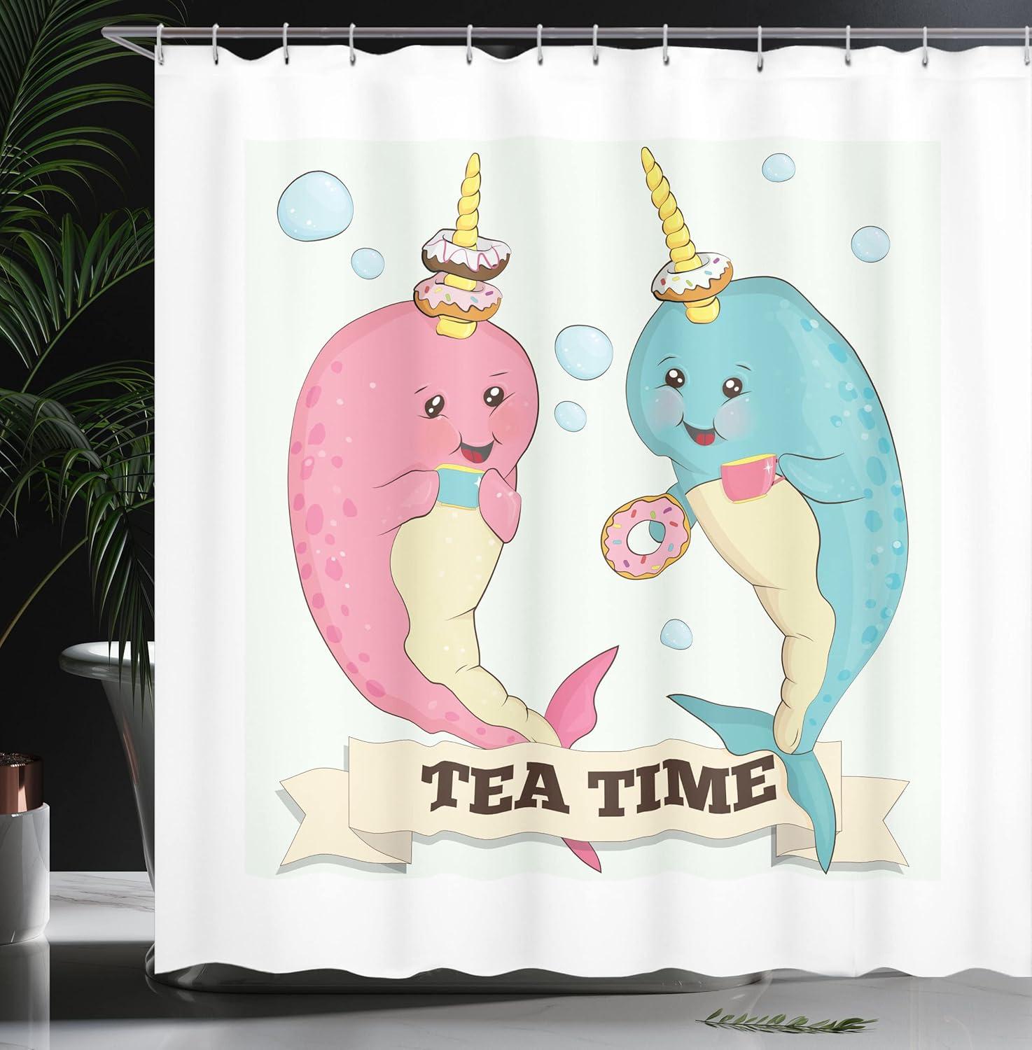 imageAmbesonne Narwhal Shower Curtain Tea Drinking Whales Ocean Unicorn with Abstract Bubbles Backdrop Cloth Fabric Bathroom Decor Set with Hooks 69 W x 75 L Pale Pink Pale Blue