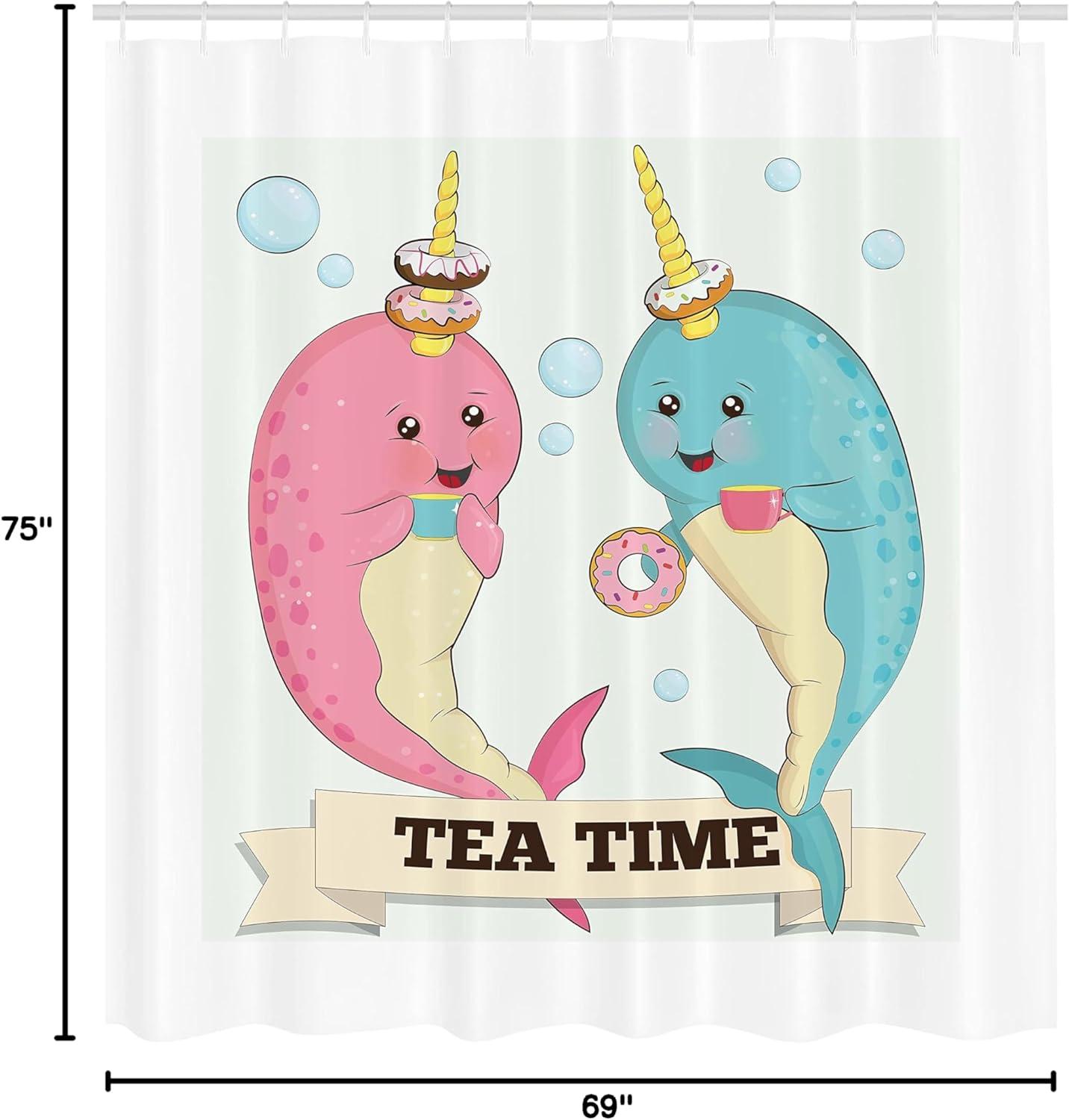 imageAmbesonne Narwhal Shower Curtain Tea Drinking Whales Ocean Unicorn with Abstract Bubbles Backdrop Cloth Fabric Bathroom Decor Set with Hooks 69 W x 75 L Pale Pink Pale Blue