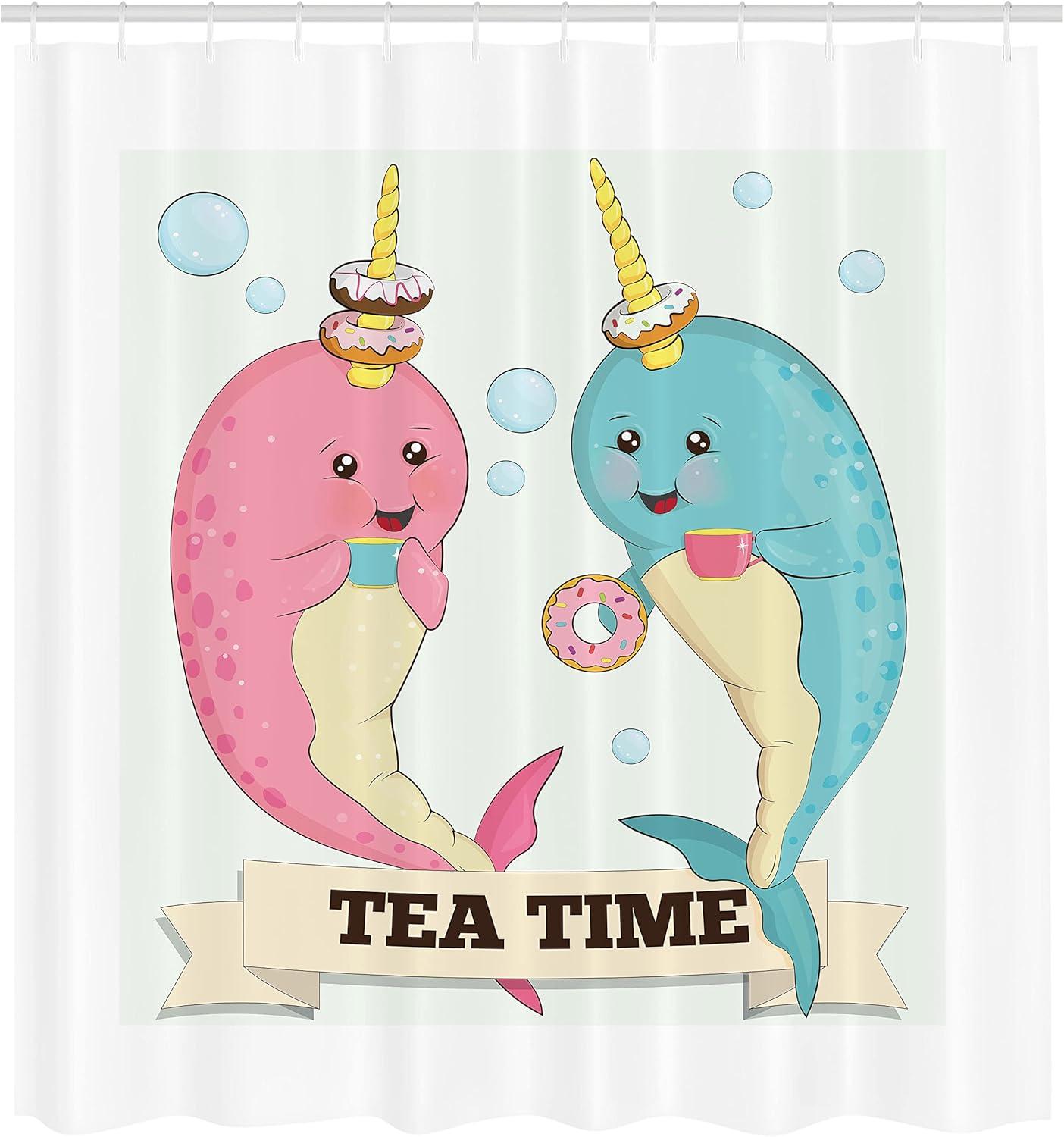 imageAmbesonne Narwhal Shower Curtain Tea Drinking Whales Ocean Unicorn with Abstract Bubbles Backdrop Cloth Fabric Bathroom Decor Set with Hooks 69 W x 75 L Pale Pink Pale Blue