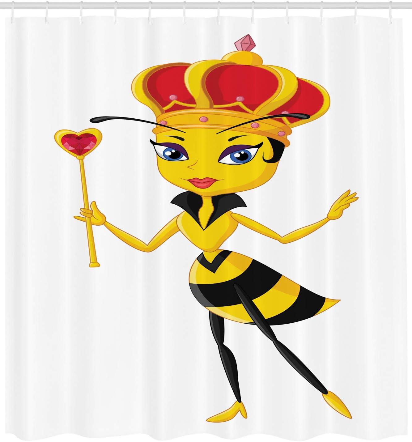 imageAmbesonne Queen Bee Shower Curtain Cartoon Style Crown and Wand Heart Design Insect Image Cloth Fabric Bathroom Decor Set with Hooks 69 W x 70 L Scarlet Black Yellow