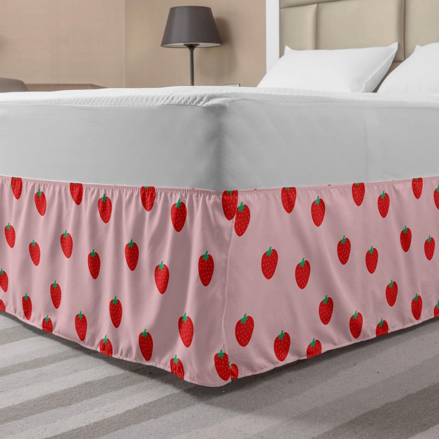 imageAmbesonne Strawberry Bed Skirt Continuous Cartoon Style Simplistic Summer Time Strawberries Art Elastic Bedskirt Dust Ruffle Wrap Around for Bedding Decor Full Rose Dark Pink and GreenRose Dark Pink and Green