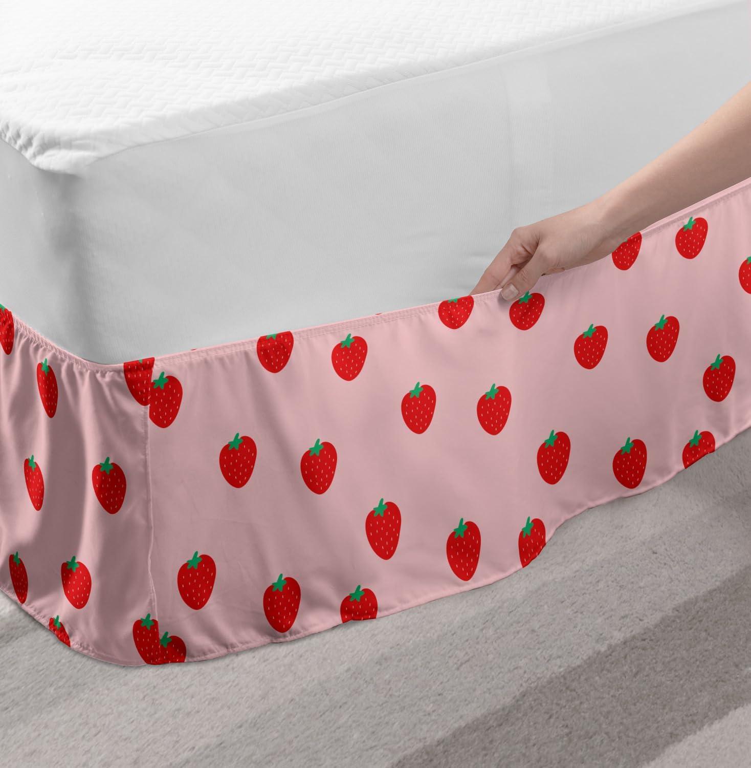 imageAmbesonne Strawberry Bed Skirt Continuous Cartoon Style Simplistic Summer Time Strawberries Art Elastic Bedskirt Dust Ruffle Wrap Around for Bedding Decor Full Rose Dark Pink and GreenRose Dark Pink and Green