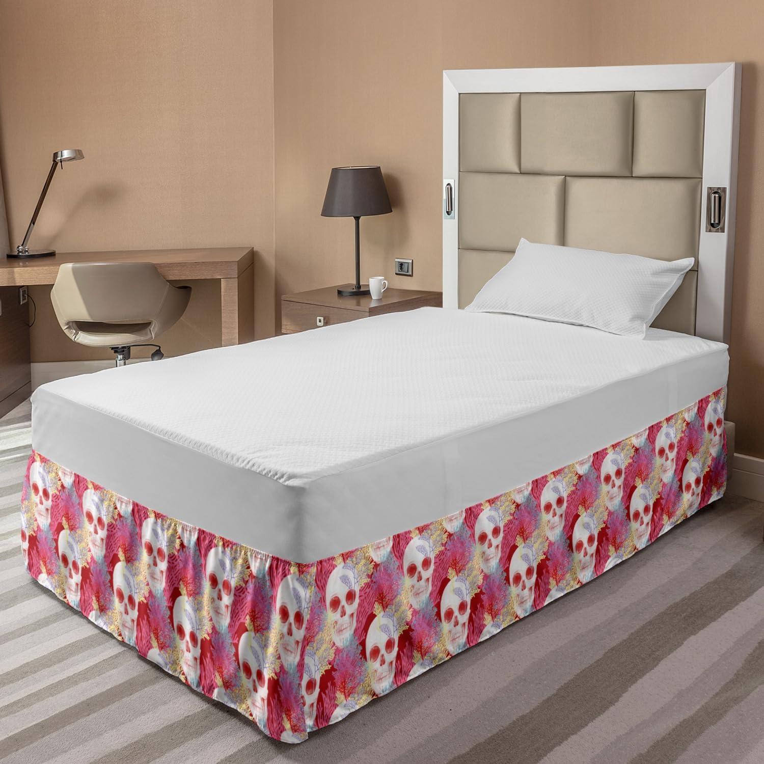 imageAmbesonne Strawberry Bed Skirt Continuous Cartoon Style Simplistic Summer Time Strawberries Art Elastic Bedskirt Dust Ruffle Wrap Around for Bedding Decor Full Rose Dark Pink and GreenPink White