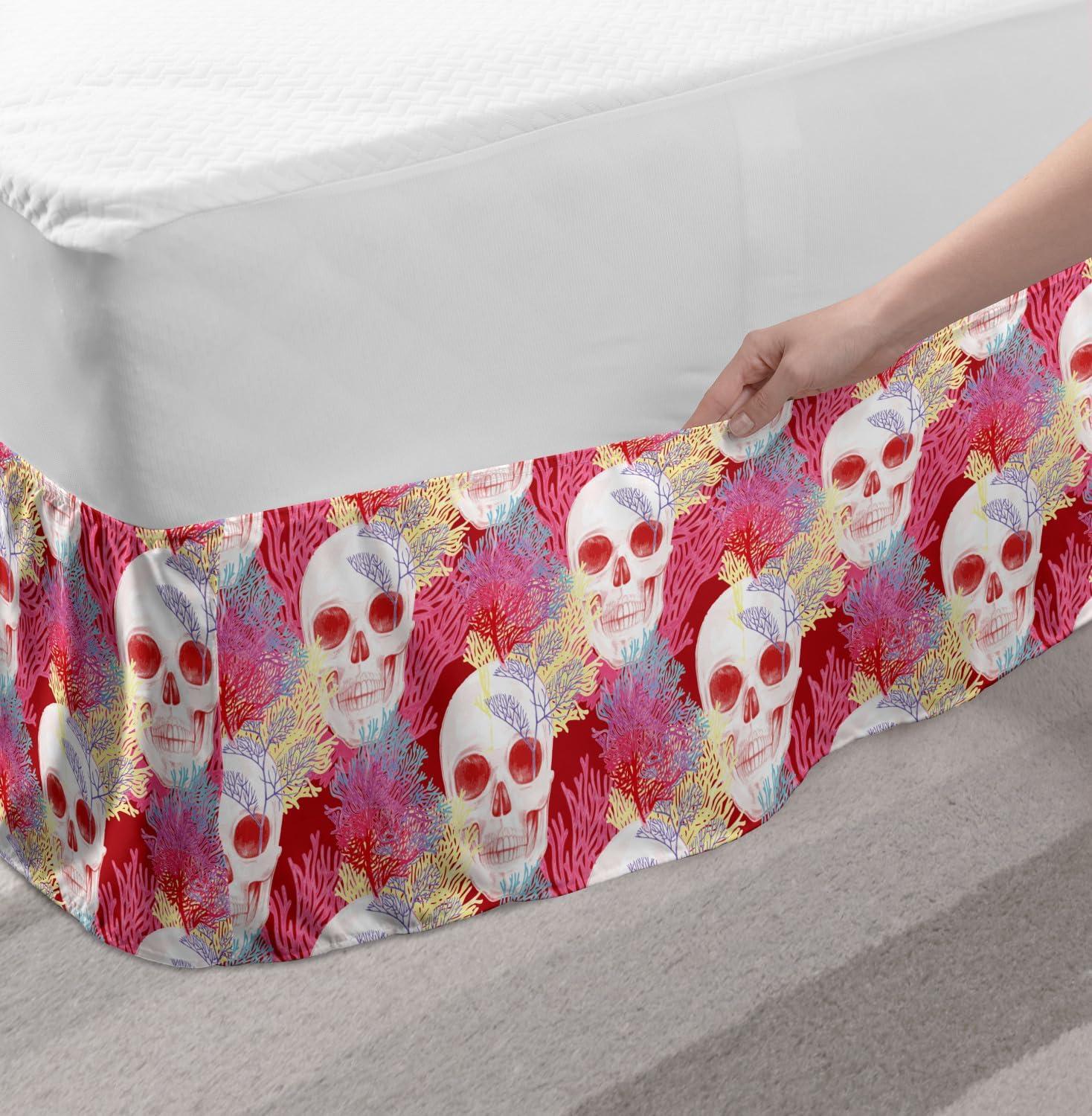 imageAmbesonne Strawberry Bed Skirt Continuous Cartoon Style Simplistic Summer Time Strawberries Art Elastic Bedskirt Dust Ruffle Wrap Around for Bedding Decor Full Rose Dark Pink and GreenPink White