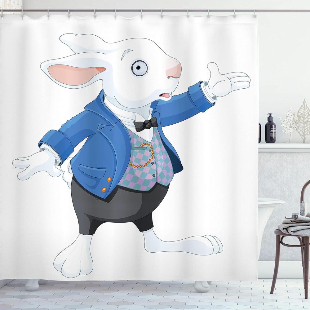 imageAmbesonne Alice in Wonderland Shower Curtain White Rabbit is Talking Fictional Fantasy and Alice Themed Print Cloth Fabric Bathroom Decor Set with Hooks 69 W x 70 L White Blue BlackWhite Blue Black