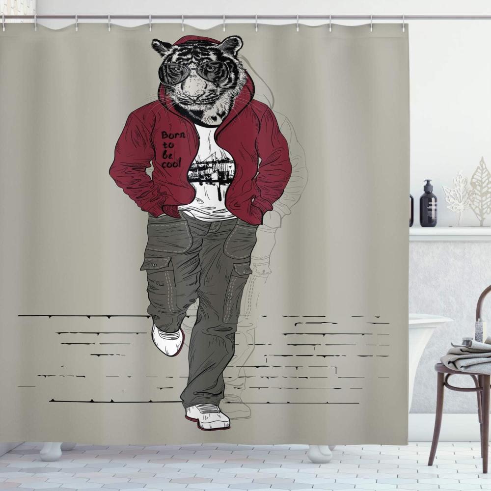 imageAmbesonne Animal Shower Curtain Colorful Design Savannah Themed Cartoon Animals Image Art Forest Woodland Print Cloth Fabric Bathroom Decor Set with Hooks 69 W x 84 L Multicolor Sky BlueRuby Sage Green Black
