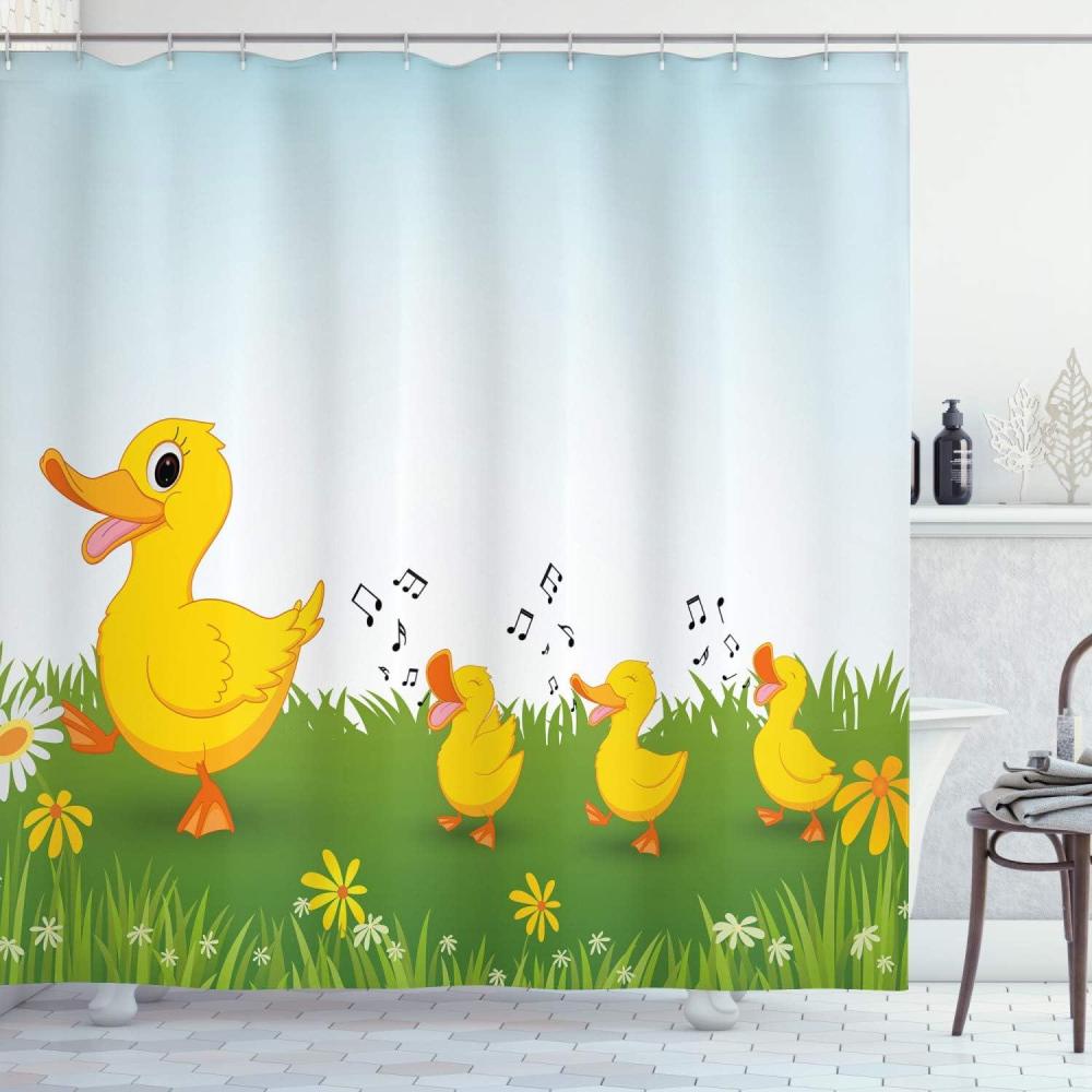 imageAmbesonne Animal Shower Curtain Colorful Design Savannah Themed Cartoon Animals Image Art Forest Woodland Print Cloth Fabric Bathroom Decor Set with Hooks 69 W x 84 L Multicolor Sky BluePale Blue Mustard