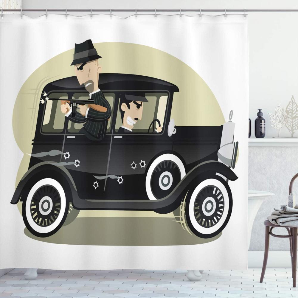 imageAmbesonne Black Shower Curtain Cartoon Style Illustration of Gangsters Mob Vintage in The Car Pattern Cloth Fabric Bathroom Decor Set with Hooks 69 W x 70 L Black and Taupe69W x 70L Pack of 1