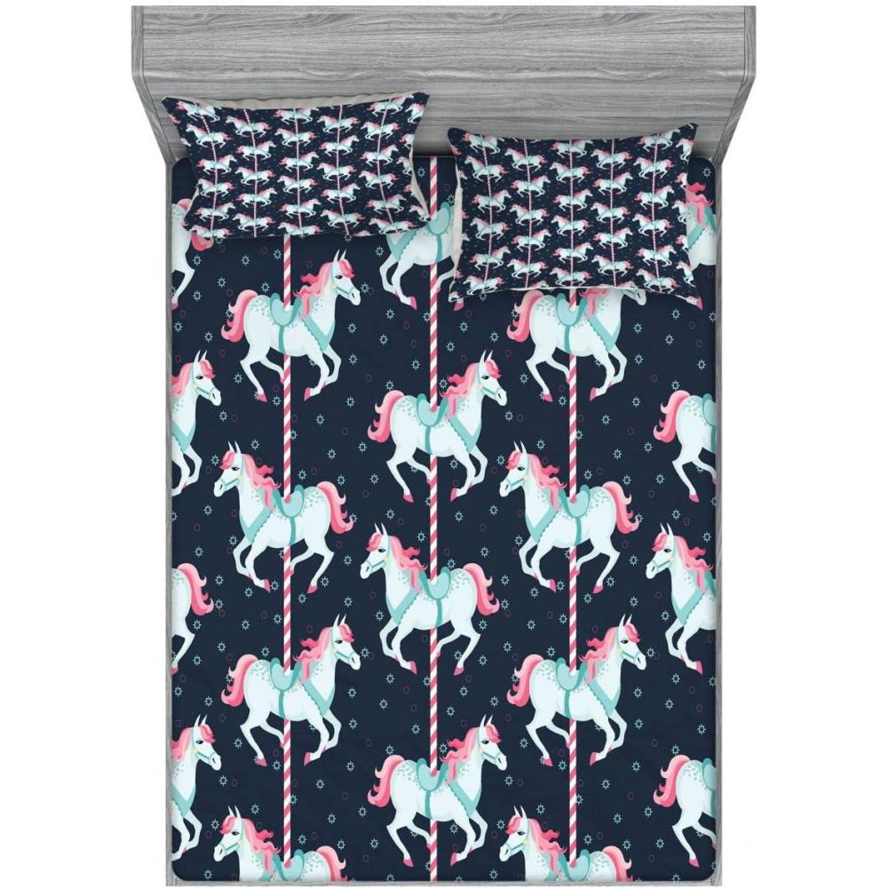 imageAmbesonne Cartoon 2 Pack Fitted Sheet amp Pillow Sham Set Carousel Horses 4 Pcs Bedding Decor Package Contains 2 Full Size Fitted Sheets amp 4 Pillow Covers Pale Blue Indigo Pink