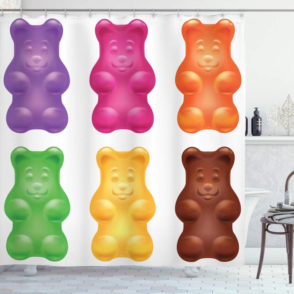 imageAmbesonne Cartoon Shower Curtain Colorful Jelly Gummy Bears Candy Food Blueberry Yummy Design Cloth Fabric Bathroom Decor Set with Hooks 69 W x 70 L Multicolor69 W x 75 L