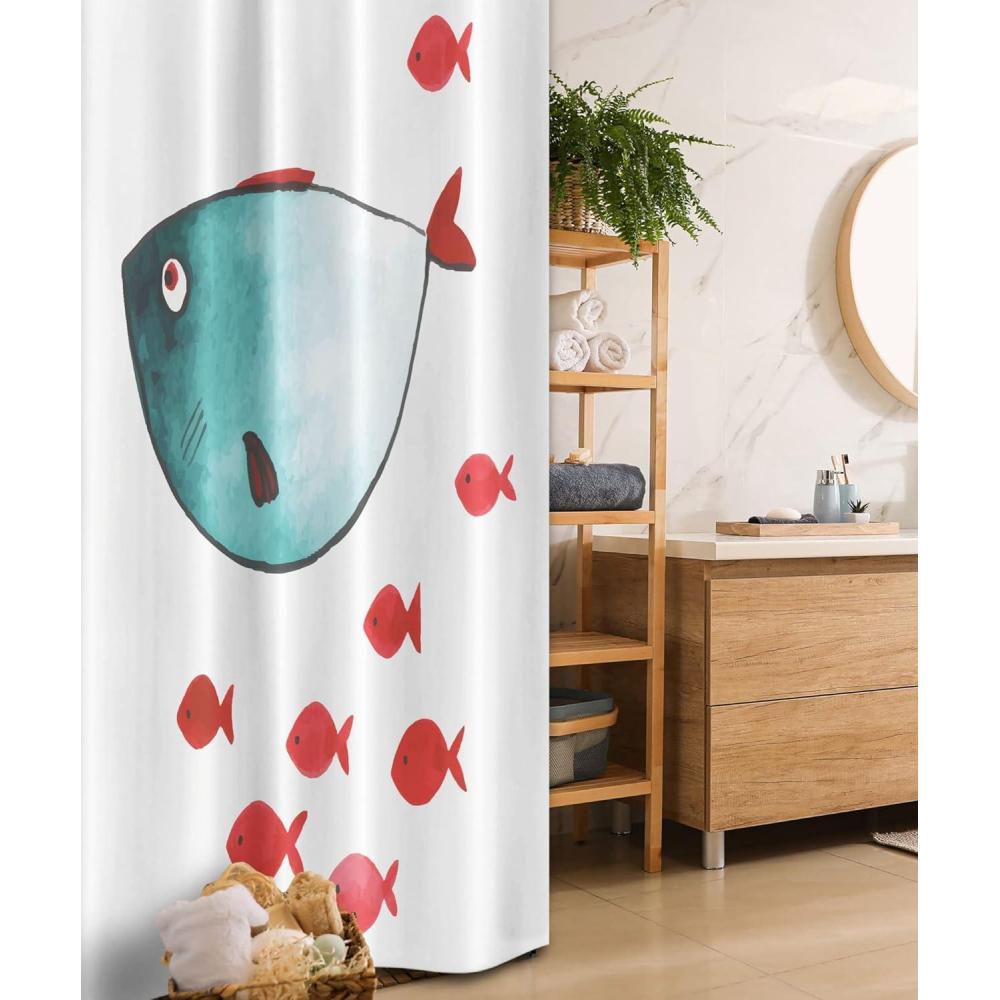 imageAmbesonne Cartoon Stall Shower Curtain Fish Little Underwater Aquatic Life Girls Boys Theme Fabric Bathroom Decor Set with Hooks 36 W x 72 L Vermilion Teal