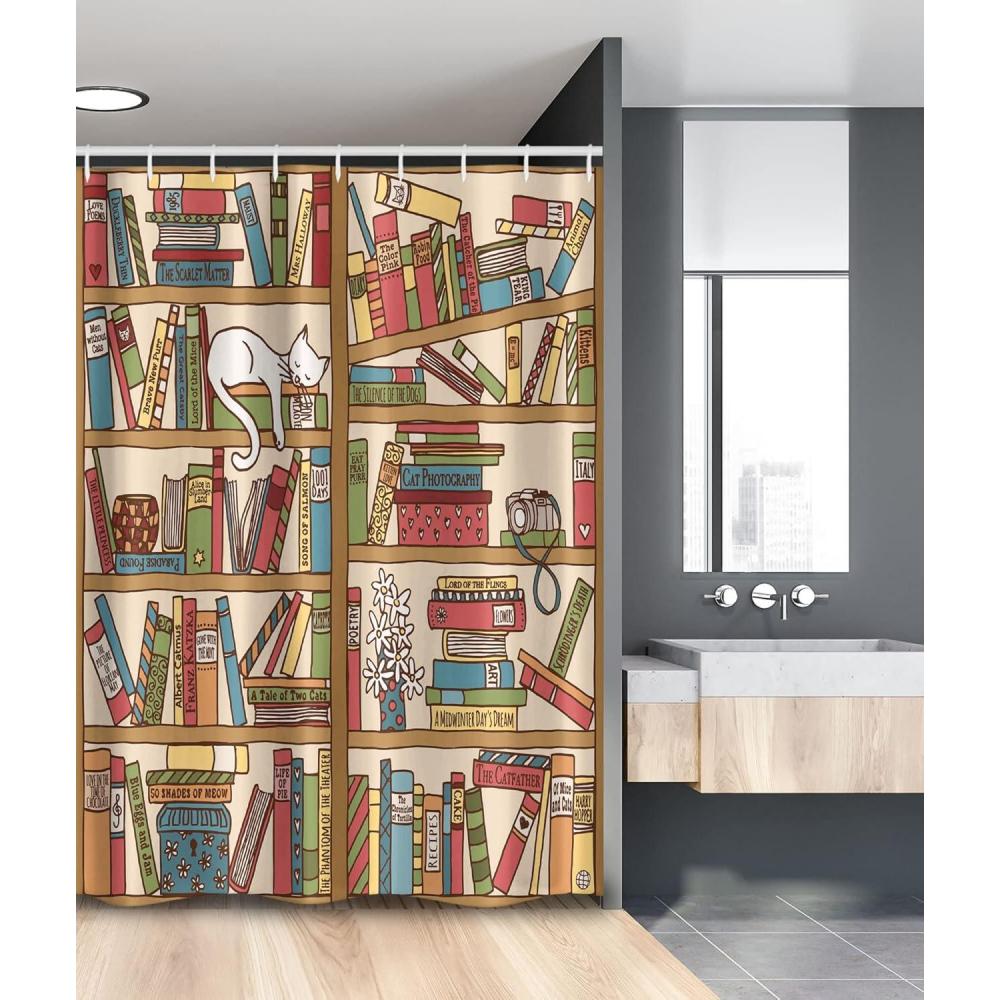 imageAmbesonne Cat Stall Shower Curtain Nerd Book Lover Kitty Sleeping Over Bookshelf Library Academics Feline Boho Design Fabric Bathroom Decor Set with Hooks 54 W x 78 L Ecru Camel White