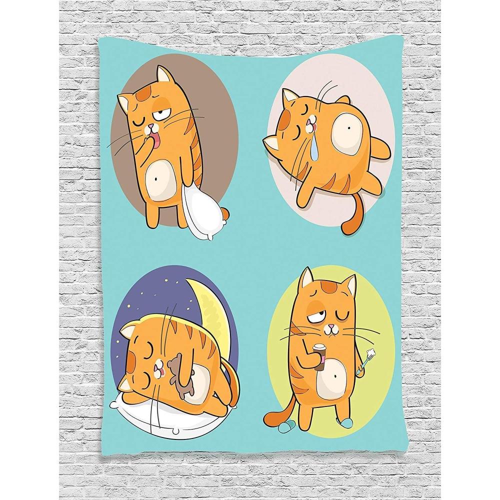 imageAmbesonne Cat Tapestry Cartoon Cat in Various Poses Sleepy Lying Dreaming Expression Comic Wall Hanging for Bedroom Living Room Dorm Decor 40 X 60 Turquoise ApricotTurquoise Apricot Grey