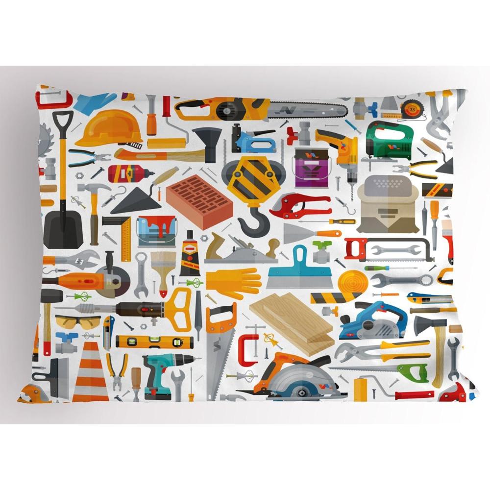 imageAmbesonne Construction Pillow Sham Construction Tools in Cartoon Style Engineering Fixing Repairing Building Decorative Standard Queen Size Printed Pillowcase 30 X 20 Grey YellowGrey Yellow