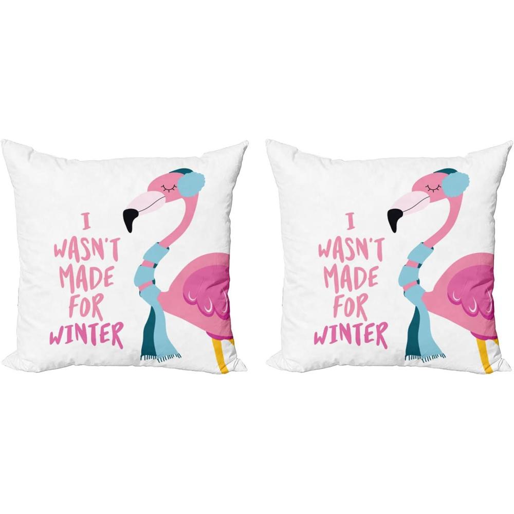 imageAmbesonne Fun Flamingo Throw Pillow Cushion Cover Pack of 2 I Wasnt Made for Winter Lettering Funny Bird in Warm Clothes Cartoon Animal Zippered DoubleSide Digital Print Decor 16 White Pink18