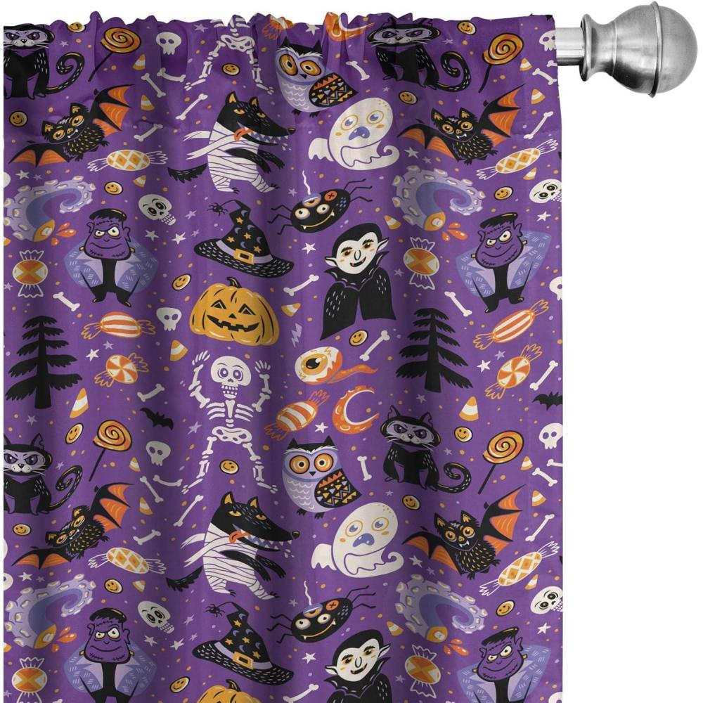 imageAmbesonne Halloween Window Curtains Cartoon Design Horror Symbols of Vampire Ghost Skeleton and Candies Lightweight Decor 2Panel Set with Rod Pocket Pair of 28 x 84 Blue Violet and OrangeBlue Violet and Orange