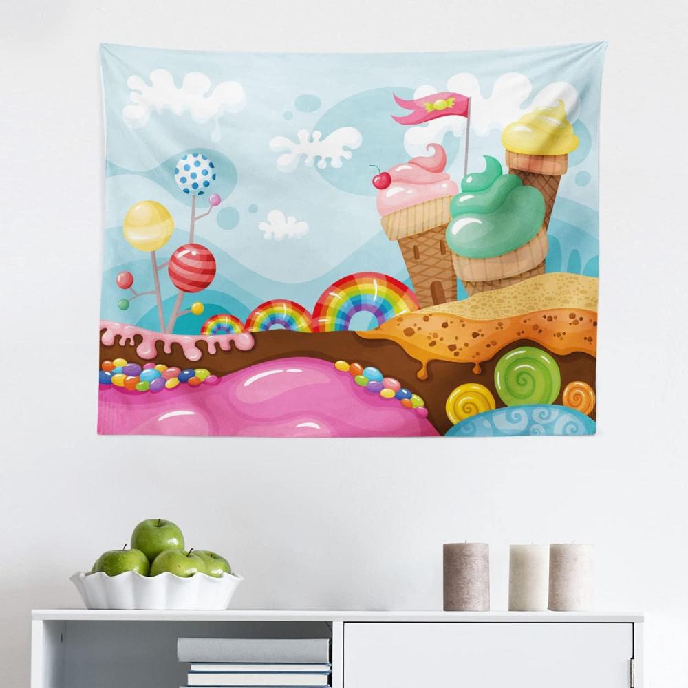 imageAmbesonne Ice Cream Tapestry Dessert Land Rainbow Candies Lollipop Trees and Cupcake Mountains Cartoon Fabric Wall Hanging Decor for Bedroom Living Room Dorm 28 X 23 MulticolorMulticolor