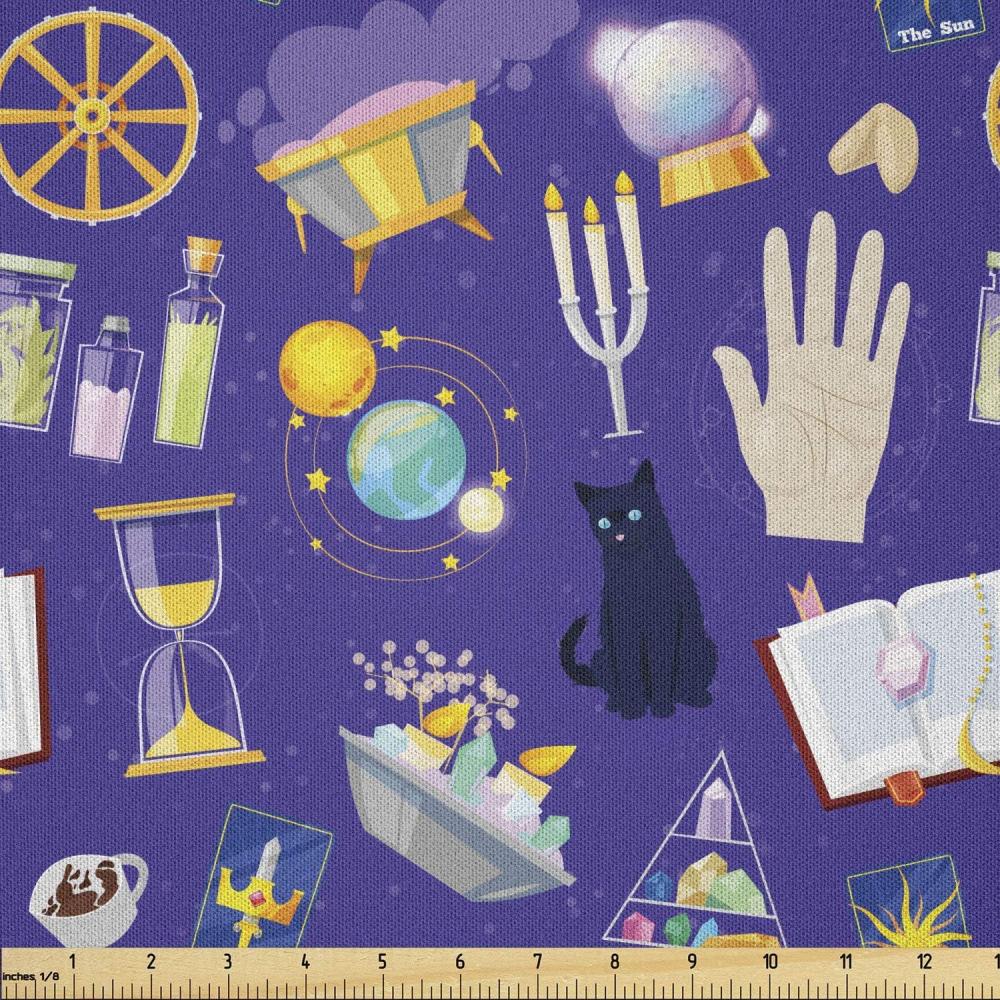 imageAmbesonne Magician Fabric by The Yard Mystical Cartoon with Fortune Telling Candle Cat Book Crystals Microfiber Fabric for Arts and Crafts Textiles amp Decor 1 Yard Dark Lavender MulticolorDark Lavender Multicolor