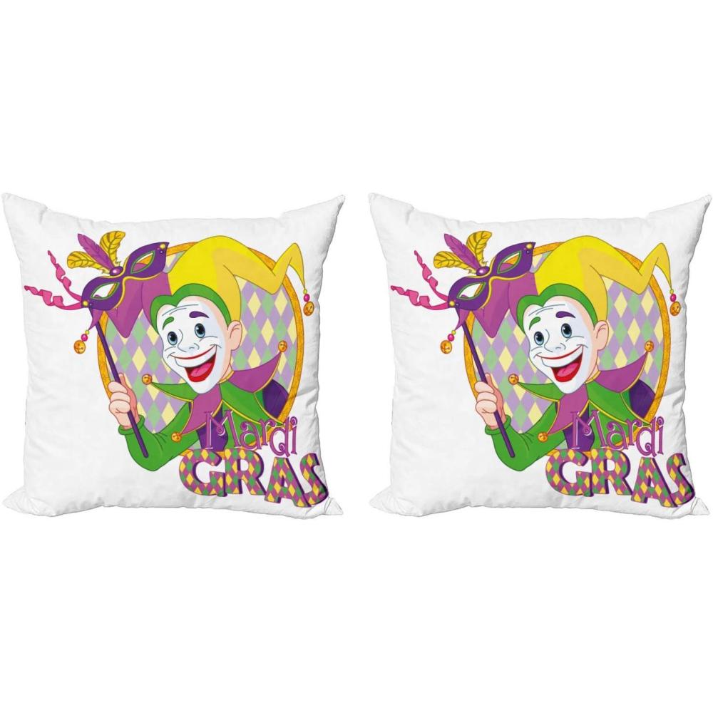 imageAmbesonne Mardi Gras Throw Pillow Cushion Cover Pack of 2 Cartoon Design of Mardi Gras Jester Smiling and Holding a Harlequin Zippered DoubleSide Digital Print Decor 16 Multicolor18