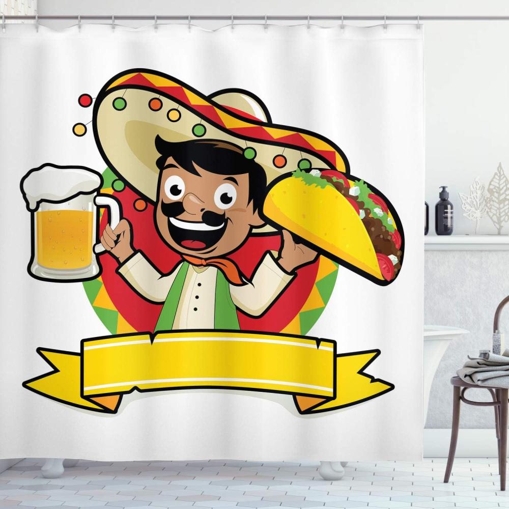 imageAmbesonne Mexican Shower Curtain Latino Man Holding Cold Beer and Tacos Restaurant Poster Style Funny Cartoon Print Cloth Fabric Bathroom Decor Set with Hooks 69 W x 70 L Multicolor