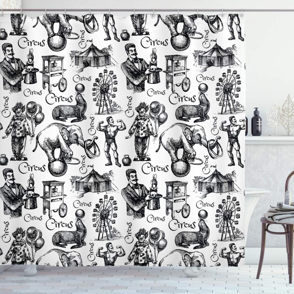 imageAmbesonne Modern Shower Curtain Circus Words and Themed Continous Pattern Magician Baloons Phrase Art Cloth Fabric Bathroom Decor Set with Hooks 69 W x 70 L Black and White