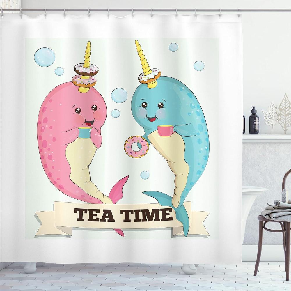 imageAmbesonne Narwhal Shower Curtain Tea Drinking Whales Ocean Unicorn with Abstract Bubbles Backdrop Cloth Fabric Bathroom Decor Set with Hooks 69 W x 75 L Pale Pink Pale Blue