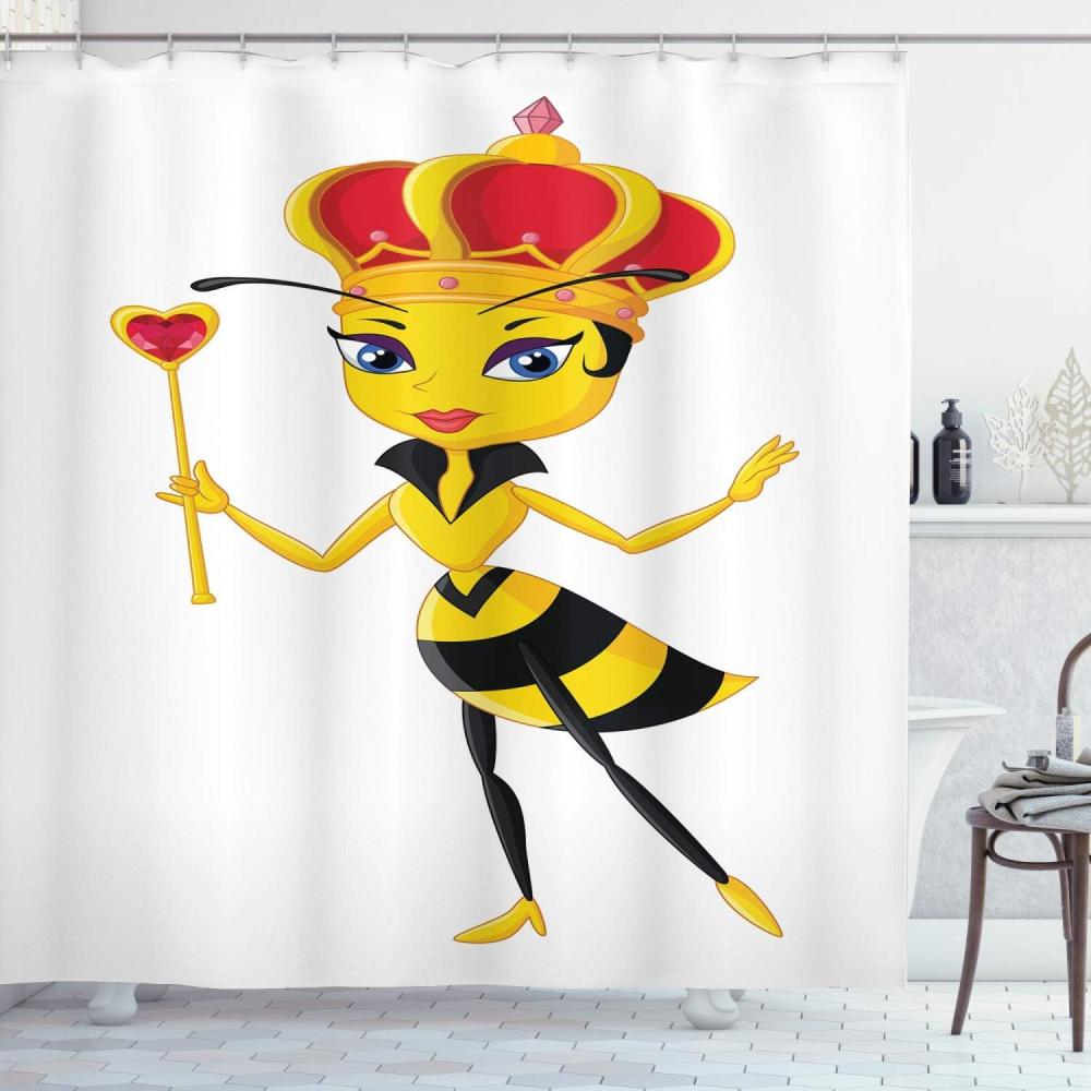 imageAmbesonne Queen Bee Shower Curtain Cartoon Style Crown and Wand Heart Design Insect Image Cloth Fabric Bathroom Decor Set with Hooks 69 W x 70 L Scarlet Black Yellow