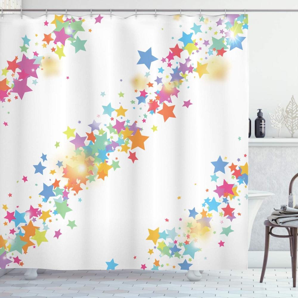 imageAmbesonne Stars Shower Curtain Illustration of Colorful Star Lines Cartoon Style Pattern Diagonal Design Cloth Fabric Bathroom Decor Set with Hooks 69 W x 70 L Multicolor
