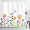 Ambesonne Cartoon Shower Curtain, Floral Fun Print with Colorful Flowers Illustration Whimsical Summer Ornament, Cloth Fabric Bathroom Decor Set with Hooks, 69″ W x 70″ L, Multicolor White(Multicolor White)