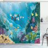 Ambesonne Cartoon Shower Curtain, Floral Fun Print with Colorful Flowers Illustration Whimsical Summer Ornament, Cloth Fabric Bathroom Decor Set with Hooks, 69″ W x 70″ L, Multicolor White(Deep Sky Blue Multicolor)