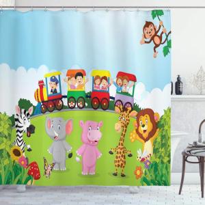 Ambesonne Animal Shower Curtain, Colorful Design Savannah Themed Cartoon Animals Image Art Forest Woodland Print, Cloth Fabric Bathroom Decor Set with Hooks, 69″ W x 84″ L, Multicolor Sky Blue(Multicolor Soft Blue)