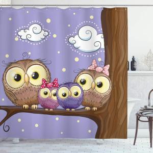 Ambesonne Animal Shower Curtain, Colorful Design Savannah Themed Cartoon Animals Image Art Forest Woodland Print, Cloth Fabric Bathroom Decor Set with Hooks, 69″ W x 84″ L, Multicolor Sky Blue(Lavender and Brown)