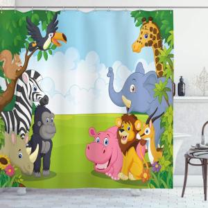 Ambesonne Animal Shower Curtain, Colorful Design Savannah Themed Cartoon Animals Image Art Forest Woodland Print, Cloth Fabric Bathroom Decor Set with Hooks, 69″ W x 84″ L, Multicolor Sky Blue(Multicolor Sky Blue)