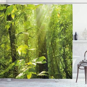 Ambesonne Animal Shower Curtain, Colorful Design Savannah Themed Cartoon Animals Image Art Forest Woodland Print, Cloth Fabric Bathroom Decor Set with Hooks, 69″ W x 84″ L, Multicolor Sky Blue(Lime Green Brown)